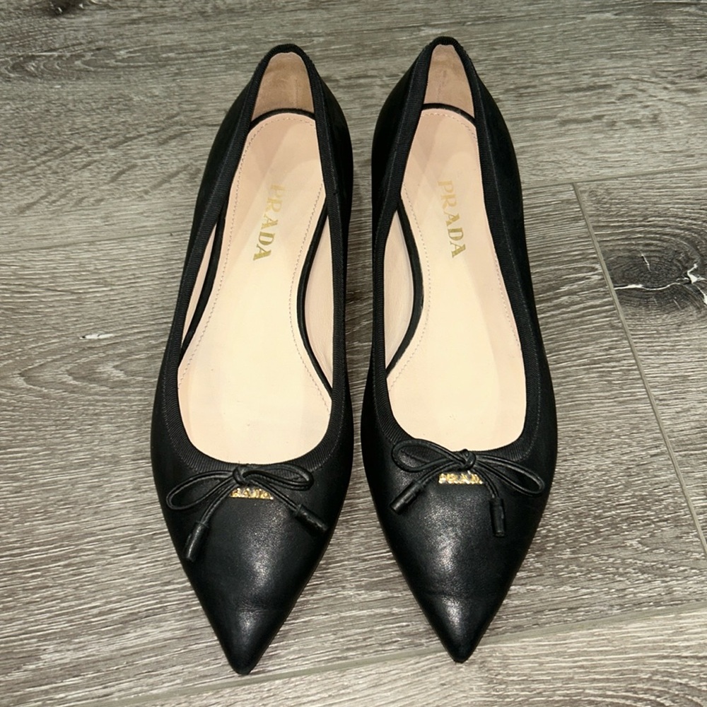 Brand New Black Leather Pointed Flats with Gold Prada Logo and Bow detail